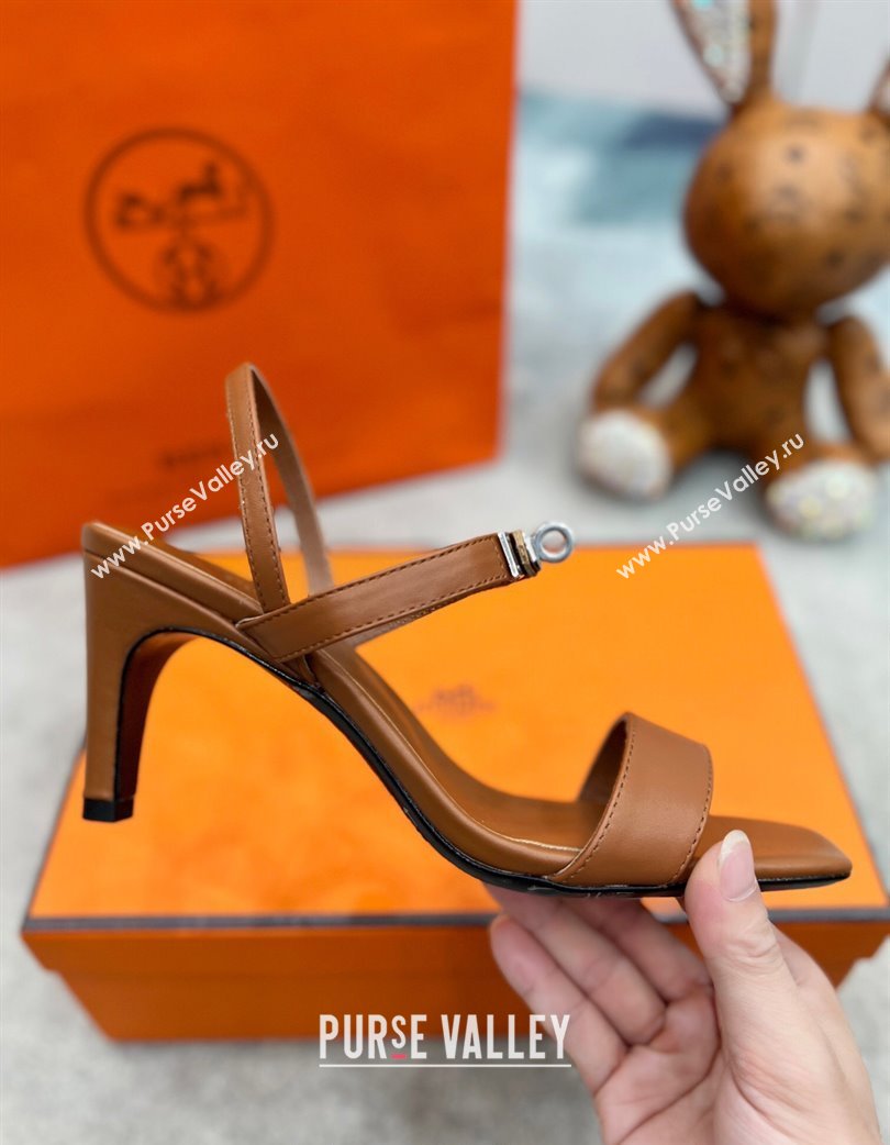 Hermes Glamour Calfskin Heel Sandals 7.5cm with Kelly Buckle Brown 2025 H02273 (MD-250227036)
