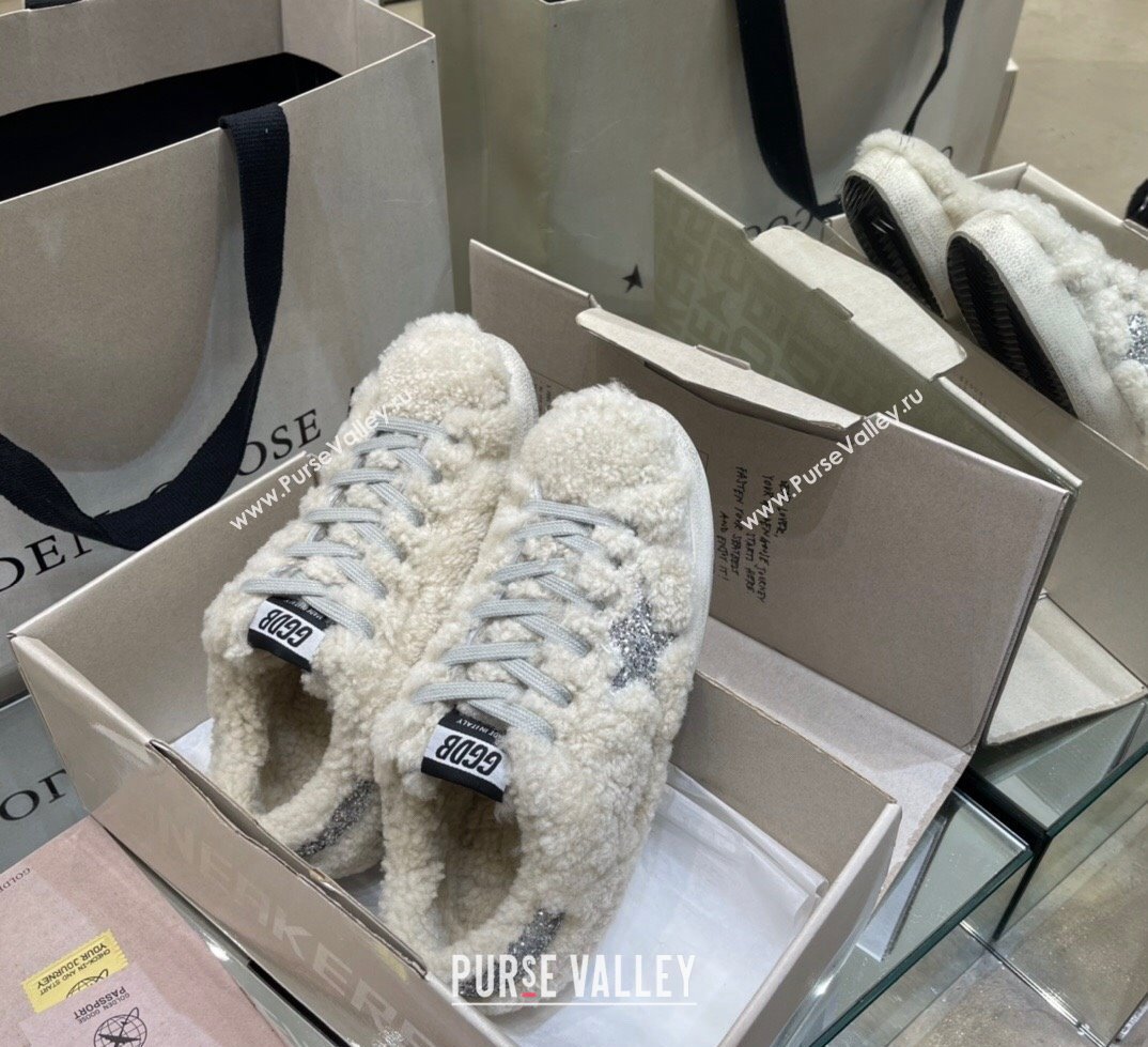 Golden Goose Super-Star Sneakers in White Shearling with Glitter Silver Star 2024 (13-241113016)