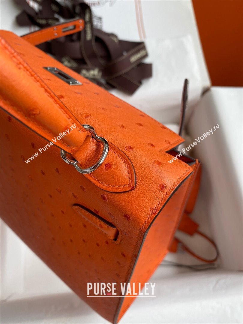 Hermes Kelly 25cm Bag in Ostrich Leather Orange/Silver 2024 (Full Handmade) (XYA-24081917)