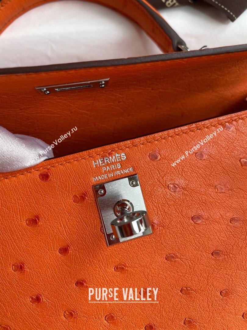 Hermes Kelly 25cm Bag in Ostrich Leather Orange/Silver 2024 (Full Handmade) (XYA-24081917)