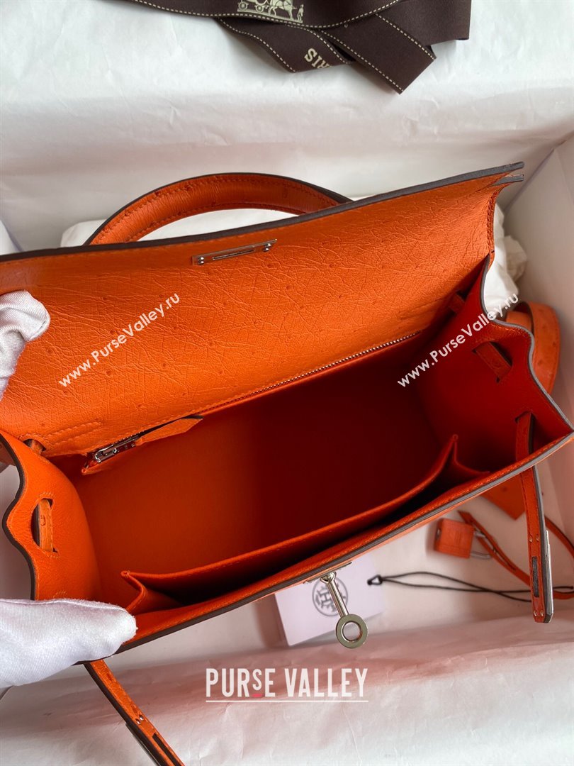 Hermes Kelly 25cm Bag in Ostrich Leather Orange/Silver 2024 (Full Handmade) (XYA-24081917)