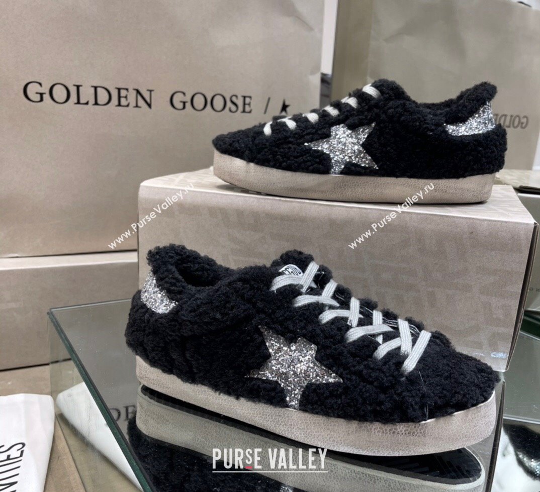 Golden Goose Super-Star Sneakers in Black Shearling with Glitter Silver Star 2024 (13-241113017)