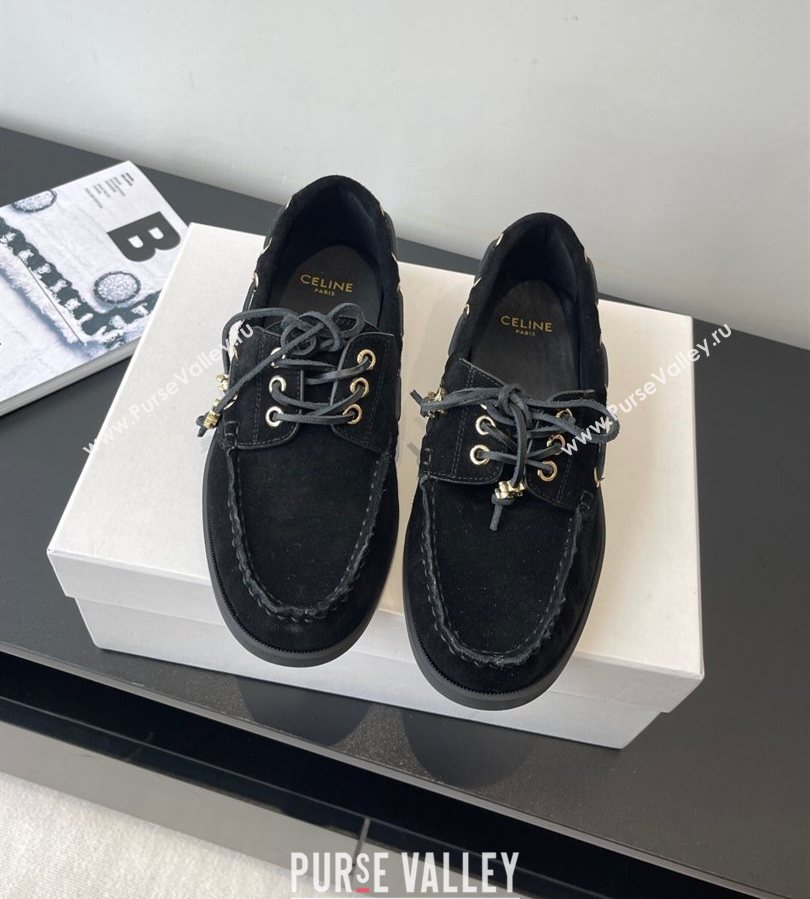 Celine Bateau Lace-up Loafers in Suede Black 2025 (HQG-250709087)