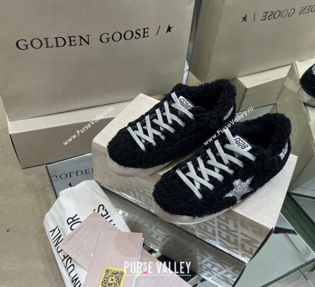 Golden Goose Super-Star Sneakers in Black Shearling with Glitter Silver Star 2024 (13-241113017)