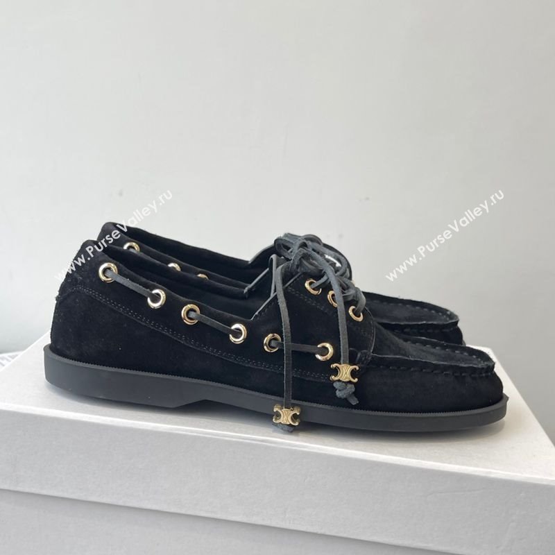 Celine Bateau Lace-up Loafers in Suede Black 2025 (HQG-250709087)