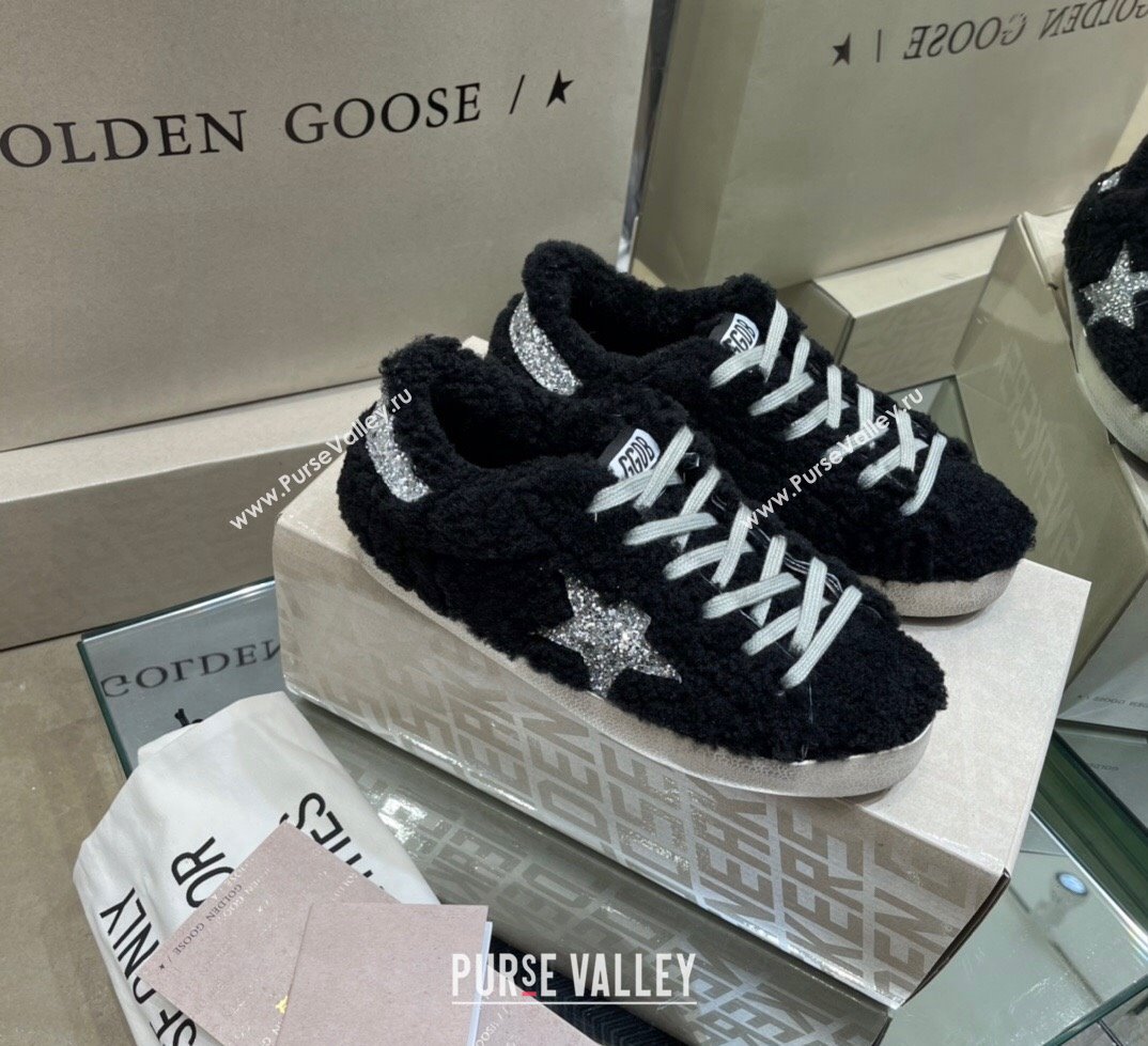 Golden Goose Super-Star Sneakers in Black Shearling with Glitter Silver Star 2024 (13-241113017)