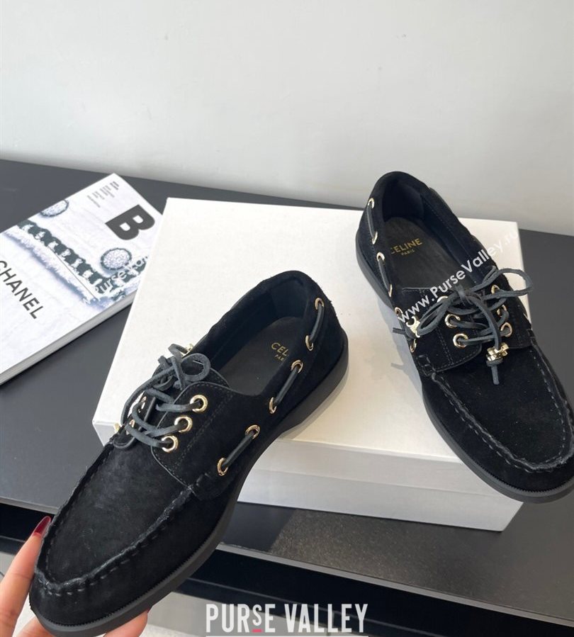 Celine Bateau Lace-up Loafers in Suede Black 2025 (HQG-250709087)