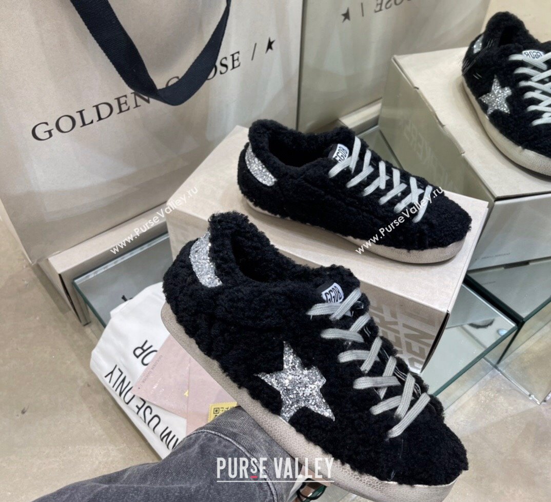 Golden Goose Super-Star Sneakers in Black Shearling with Glitter Silver Star 2024 (13-241113017)