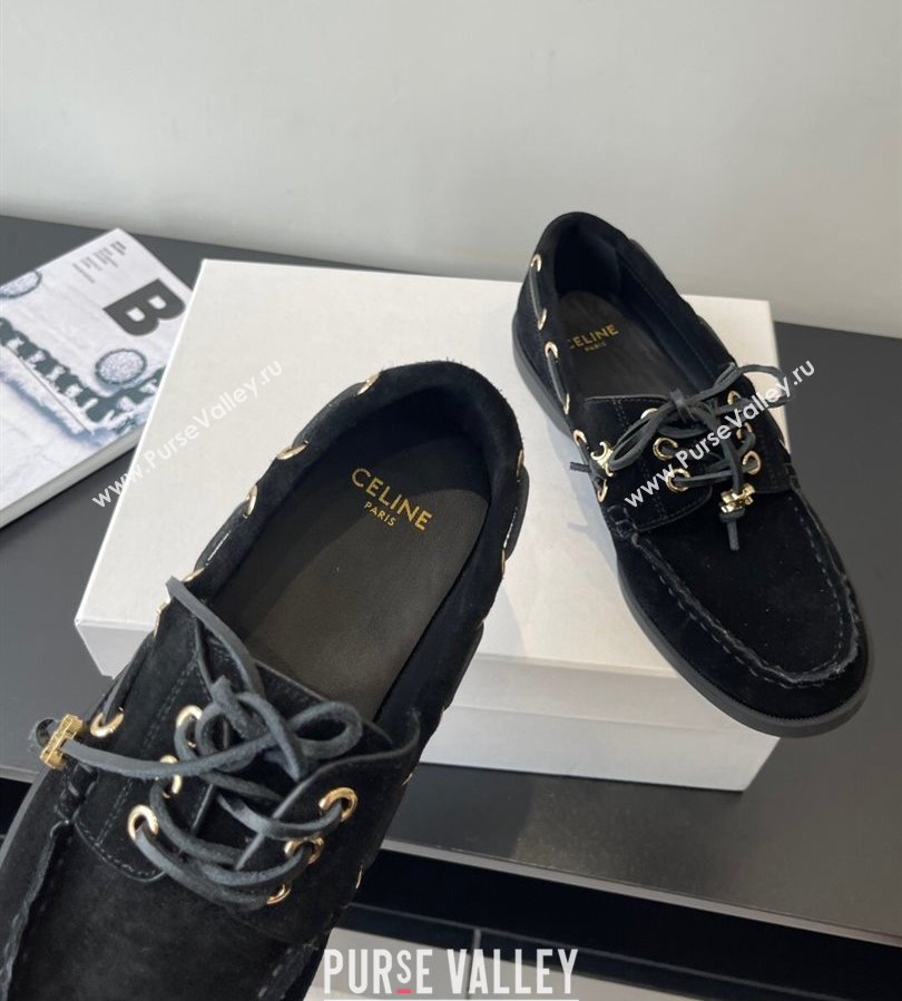 Celine Bateau Lace-up Loafers in Suede Black 2025 (HQG-250709087)