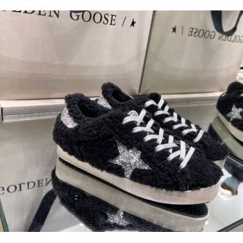 Golden Goose Super-Star Sneakers in Black Shearling with Glitter Silver Star 2024 (13-241113017)