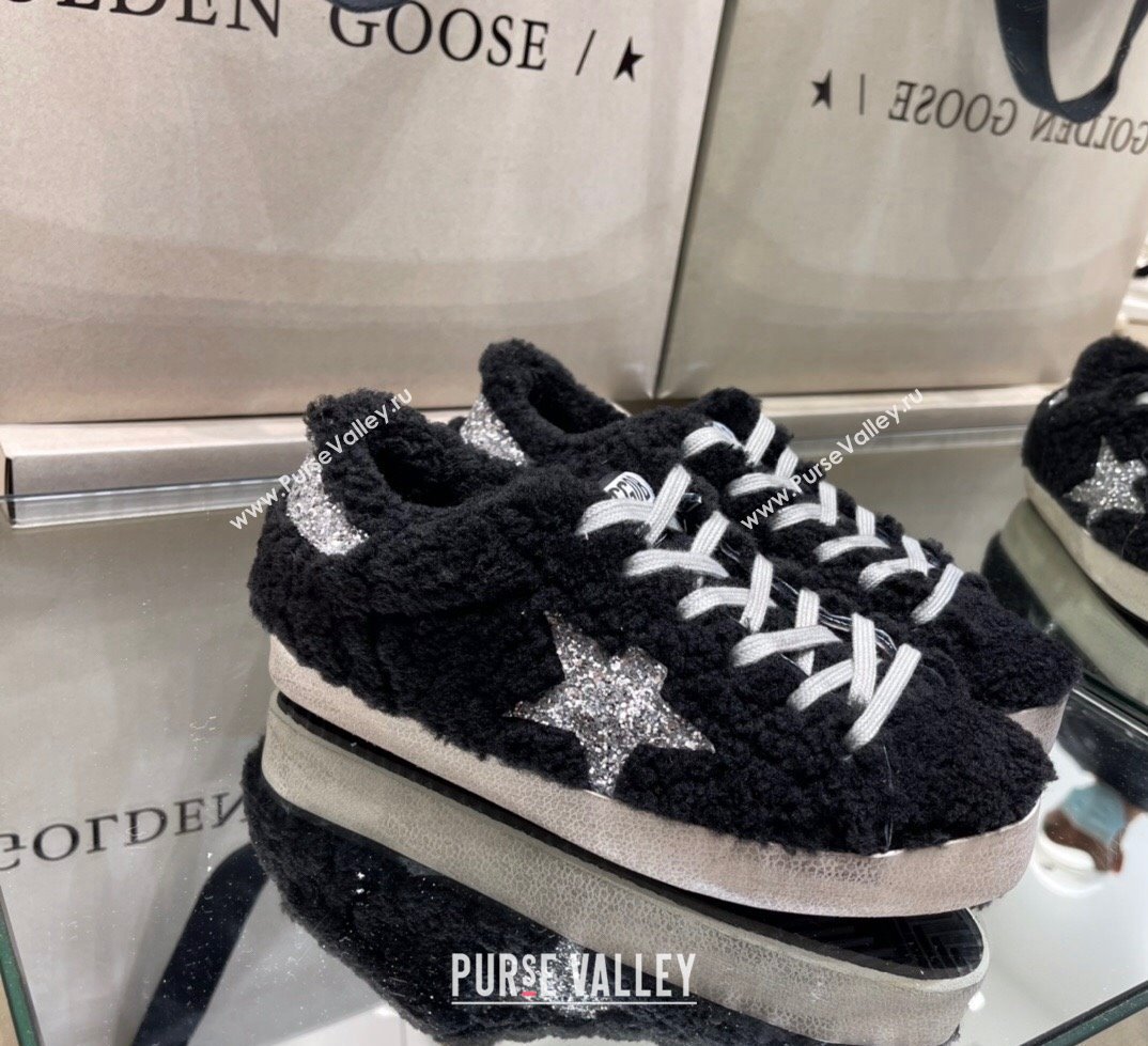 Golden Goose Super-Star Sneakers in Black Shearling with Glitter Silver Star 2024 (13-241113017)