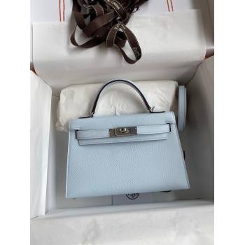 Hermes Mini Kelly II Bag 19cm in Original Epsom Leather Haze Blue/Silver 2024 (Full Handmade) (XYA-24030515)