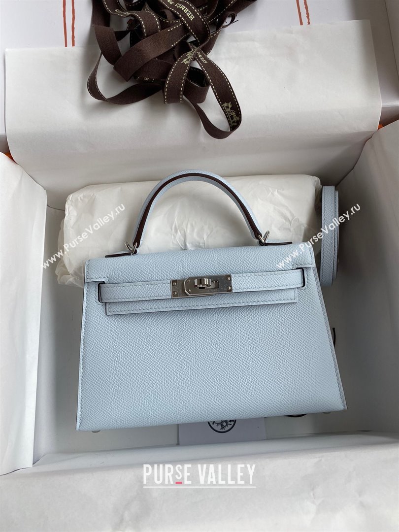 Hermes Mini Kelly II Bag 19cm in Original Epsom Leather Haze Blue/Silver 2024 (Full Handmade) (XYA-24030515)