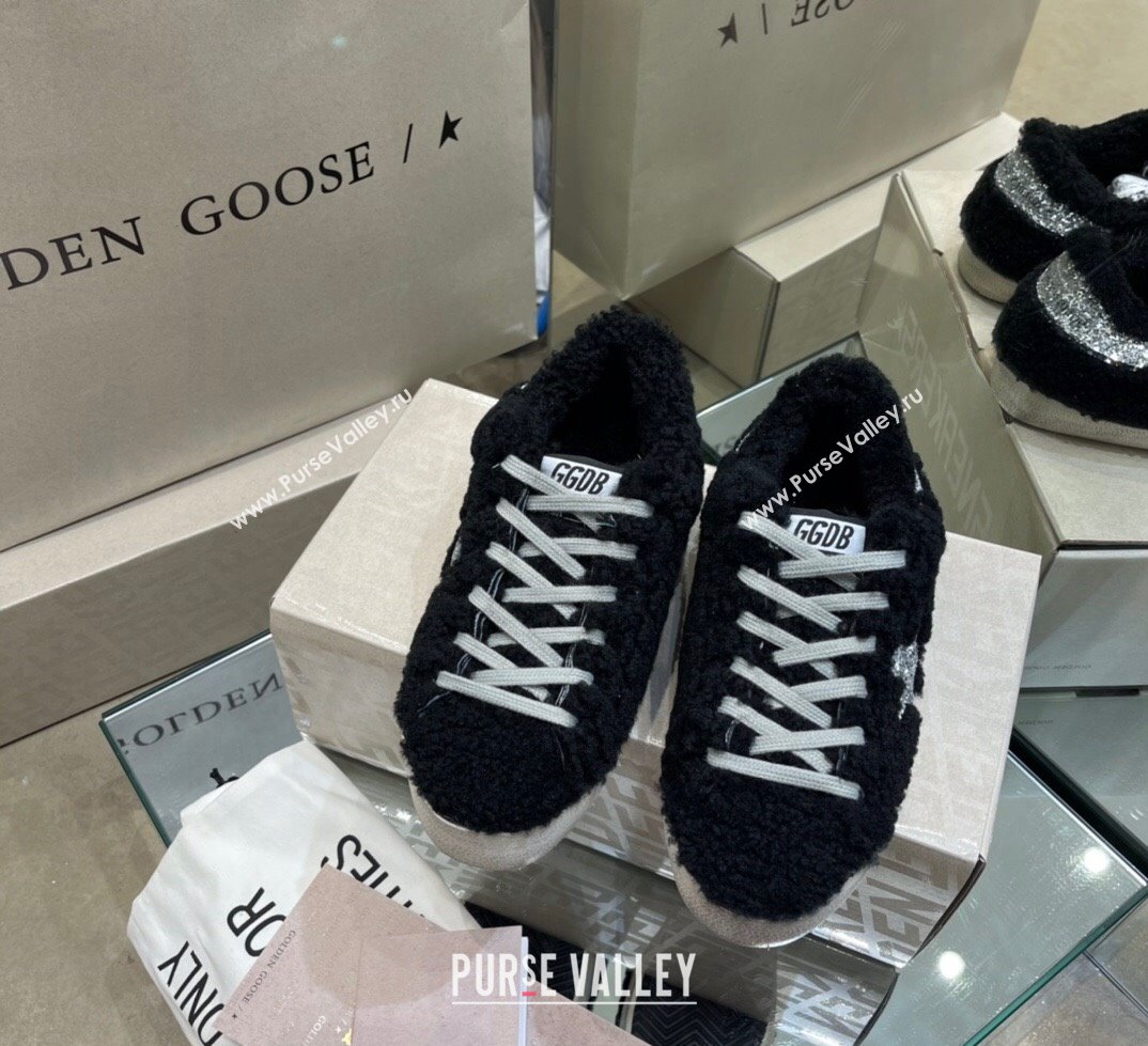 Golden Goose Super-Star Sneakers in Black Shearling with Glitter Silver Star 2024 (13-241113017)