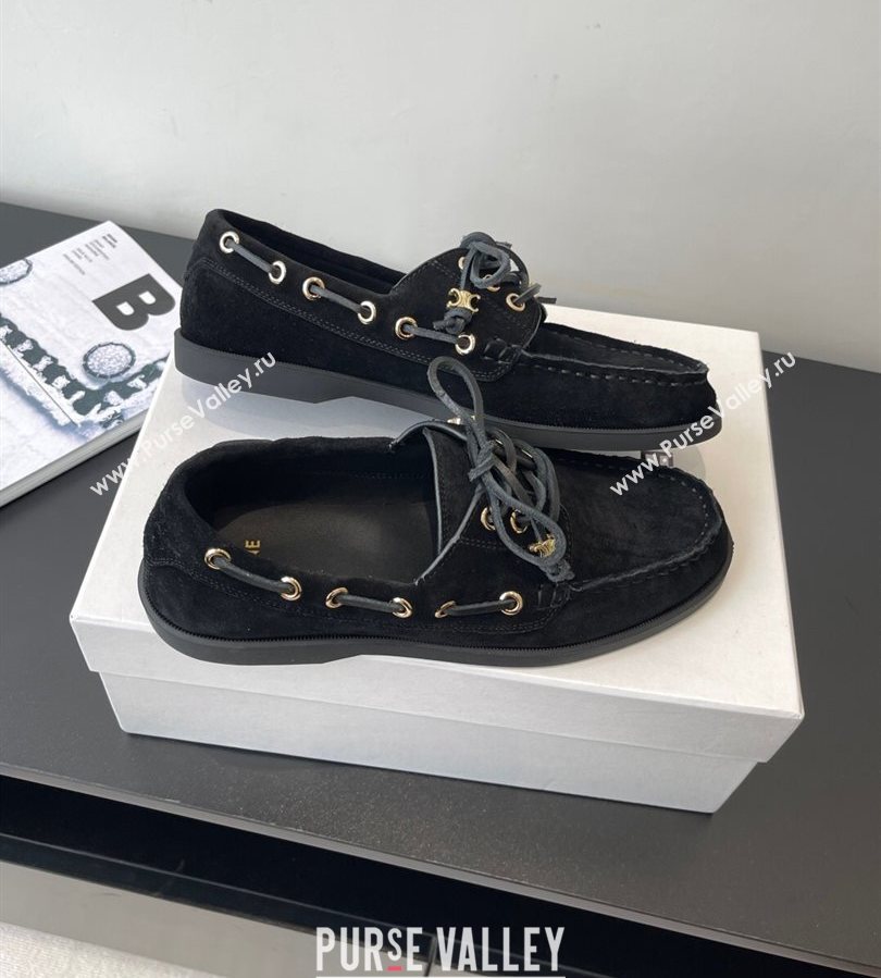 Celine Bateau Lace-up Loafers in Suede Black 2025 (HQG-250709087)