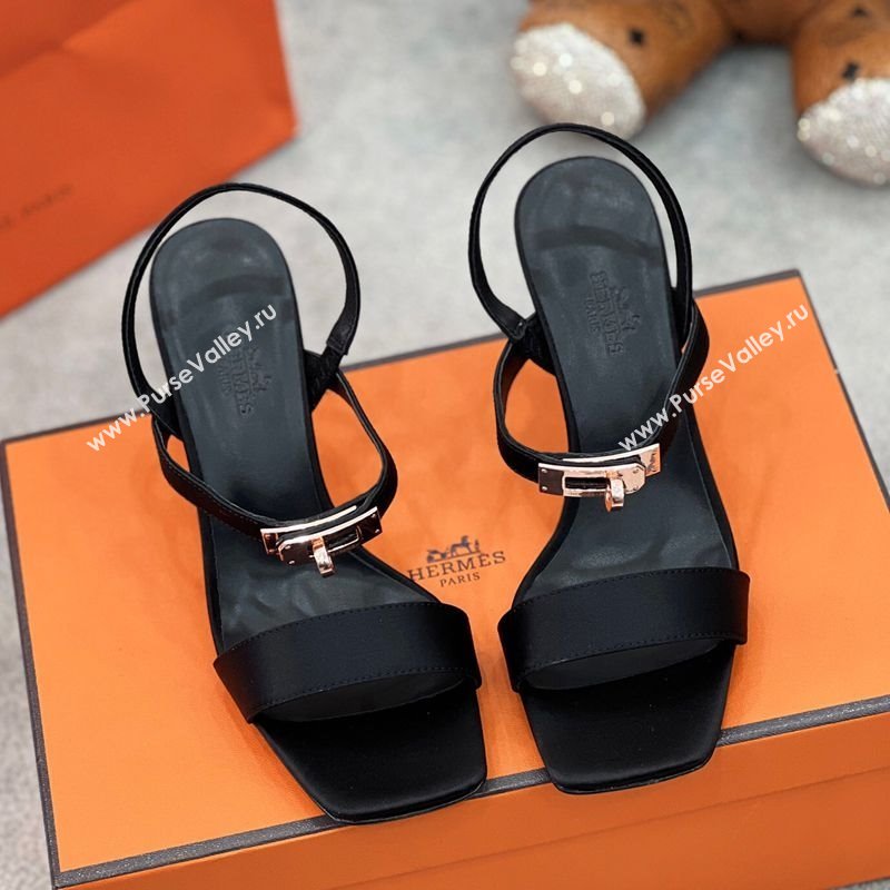 Hermes Glamour Satin Heel Sandals 7.5cm with Rose Gold Kelly Buckle Black 2025 H02273 (MD-250227038)