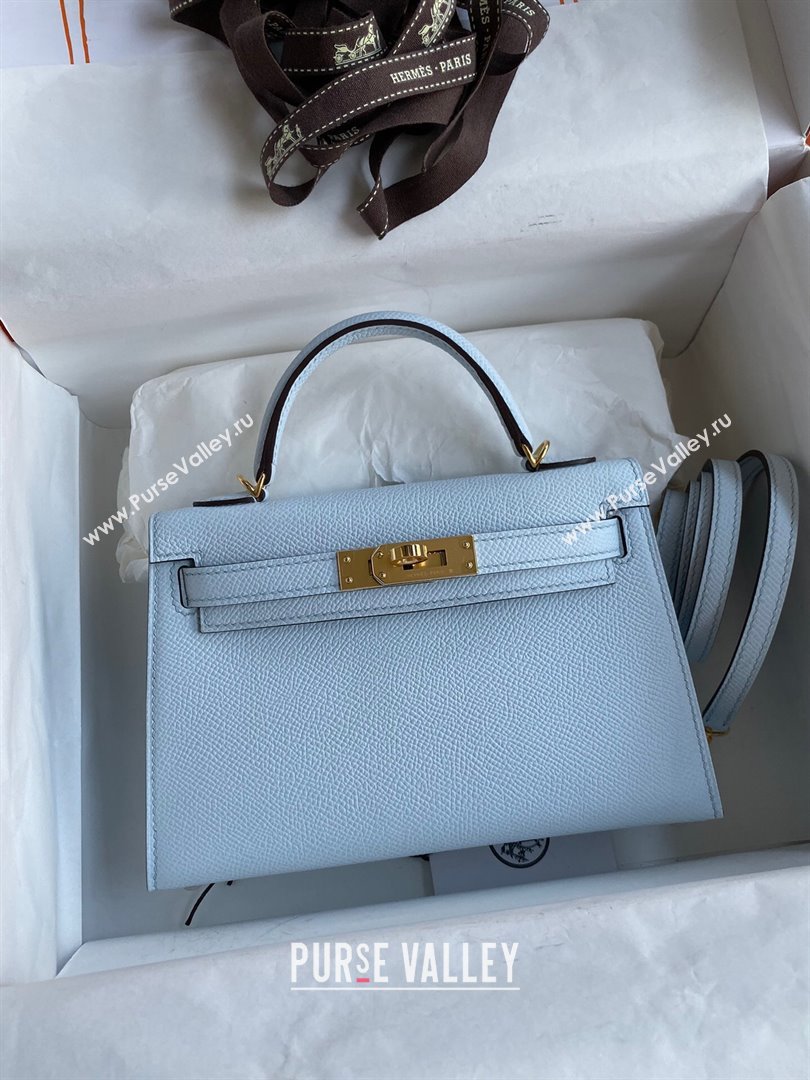 Hermes Mini Kelly II Bag 19cm in Original Epsom Leather Haze Blue/Gold 2024 (Full Handmade) (XYA-24030516)