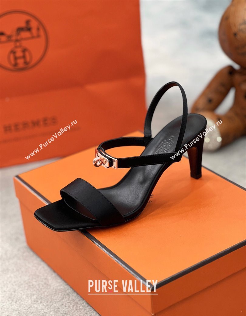 Hermes Glamour Satin Heel Sandals 7.5cm with Rose Gold Kelly Buckle Black 2025 H02273 (MD-250227038)