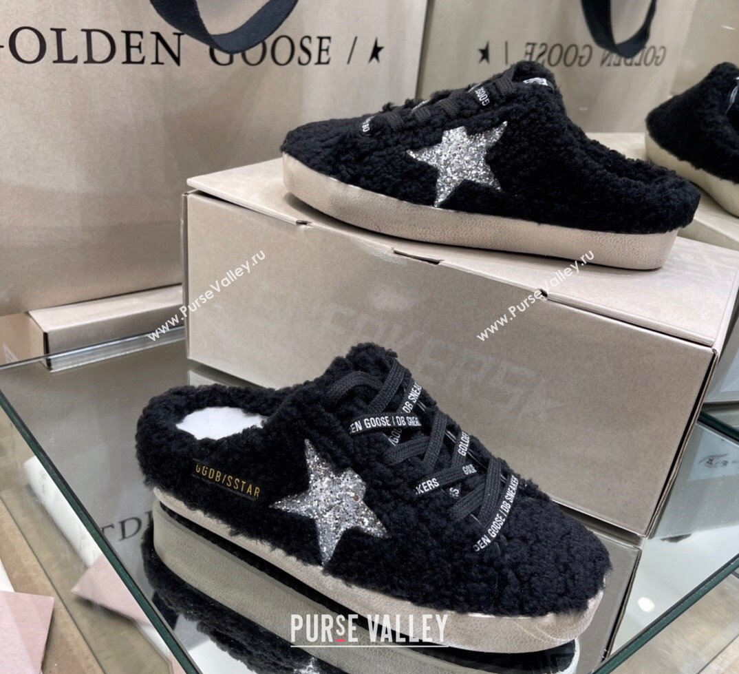 Golden Goose Super-Star Sneakers sabots in Black Shearling with Glitter Silver Star 2024 (13-241113019)