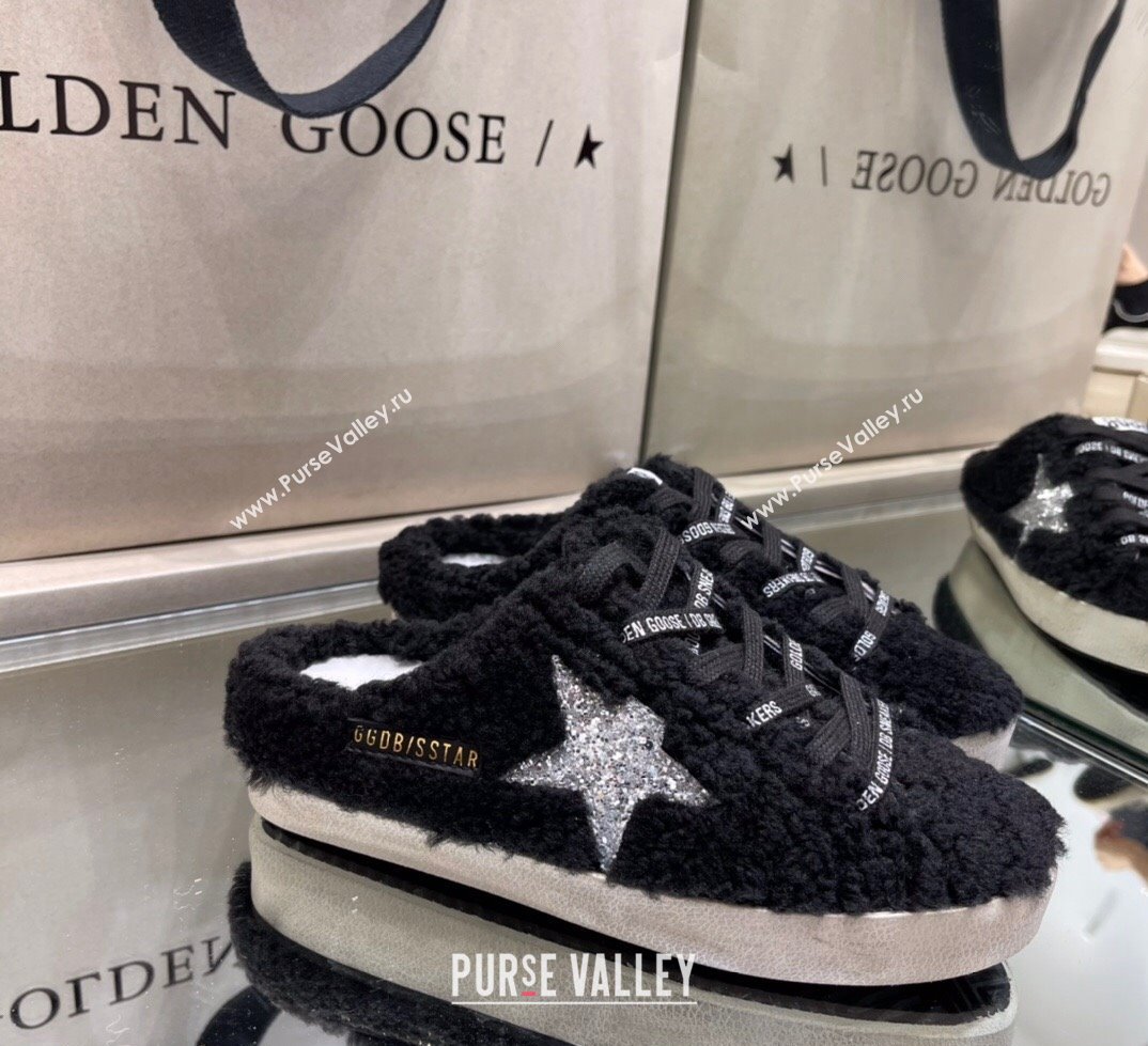 Golden Goose Super-Star Sneakers sabots in Black Shearling with Glitter Silver Star 2024 (13-241113019)