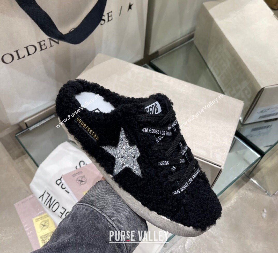 Golden Goose Super-Star Sneakers sabots in Black Shearling with Glitter Silver Star 2024 (13-241113019)