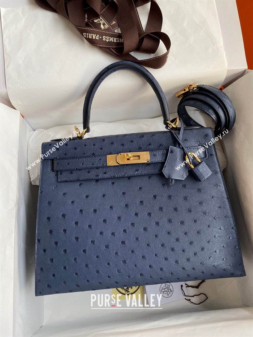 Hermes Kelly 25cm Bag in Ostrich Leather Blue/Gold 2024 (Full Handmade) (XYA-24081920)