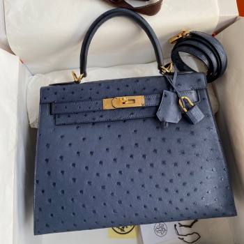 Hermes Kelly 25cm Bag in Ostrich Leather Blue/Gold 2024 (Full Handmade) (XYA-24081920)