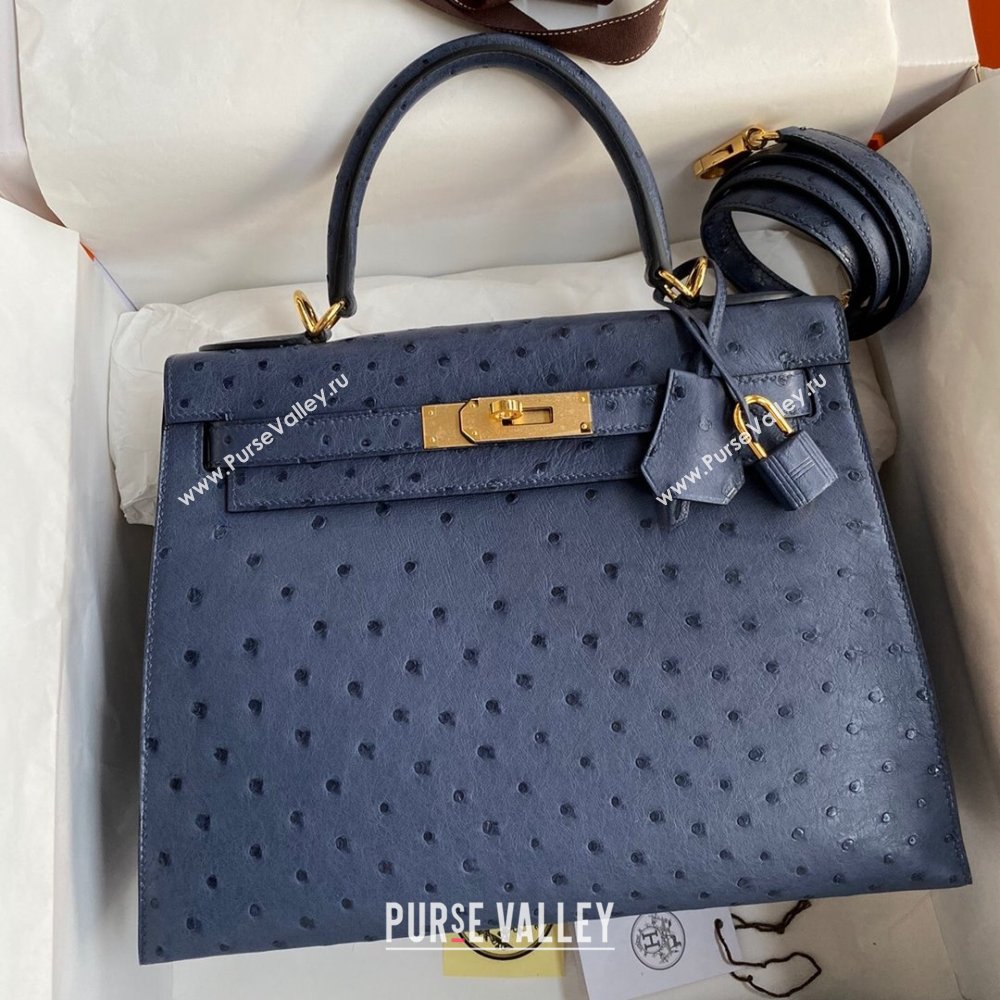 Hermes Kelly 25cm Bag in Ostrich Leather Blue/Gold 2024 (Full Handmade) (XYA-24081920)