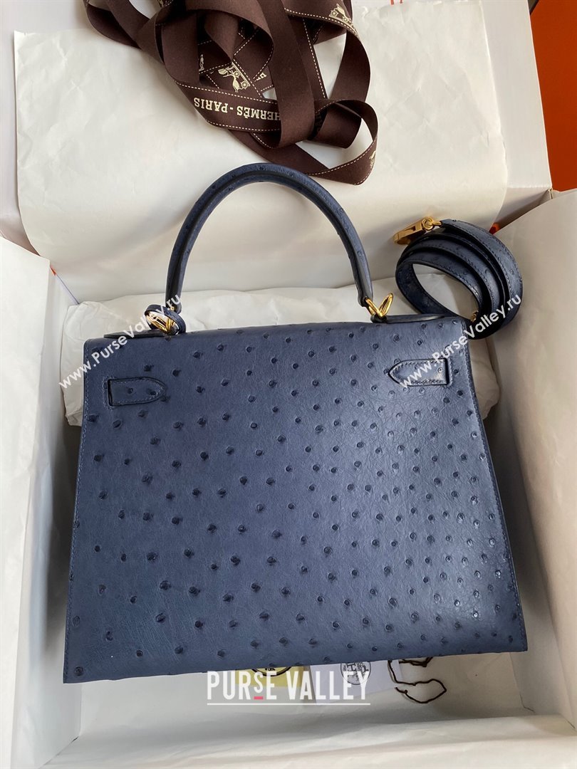 Hermes Kelly 25cm Bag in Ostrich Leather Blue/Gold 2024 (Full Handmade) (XYA-24081920)