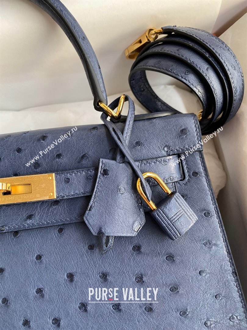 Hermes Kelly 25cm Bag in Ostrich Leather Blue/Gold 2024 (Full Handmade) (XYA-24081920)