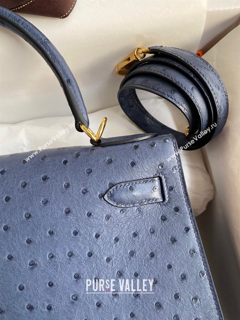 Hermes Kelly 25cm Bag in Ostrich Leather Blue/Gold 2024 (Full Handmade) (XYA-24081920)