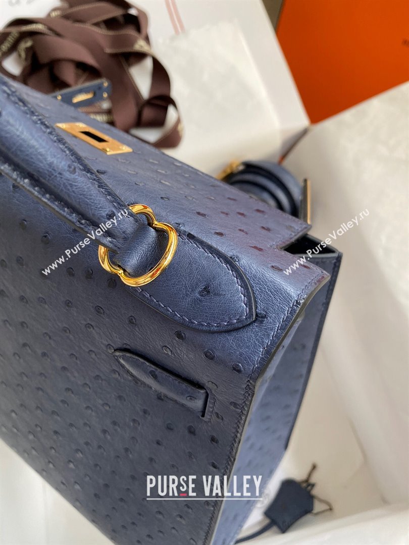 Hermes Kelly 25cm Bag in Ostrich Leather Blue/Gold 2024 (Full Handmade) (XYA-24081920)