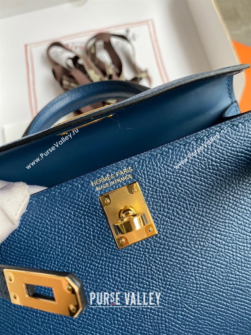Hermes Mini Kelly II Bag 19cm in Original Epsom Leather Dark Blue/Gold 2024 (Full Handmade) (XYA-24030517)