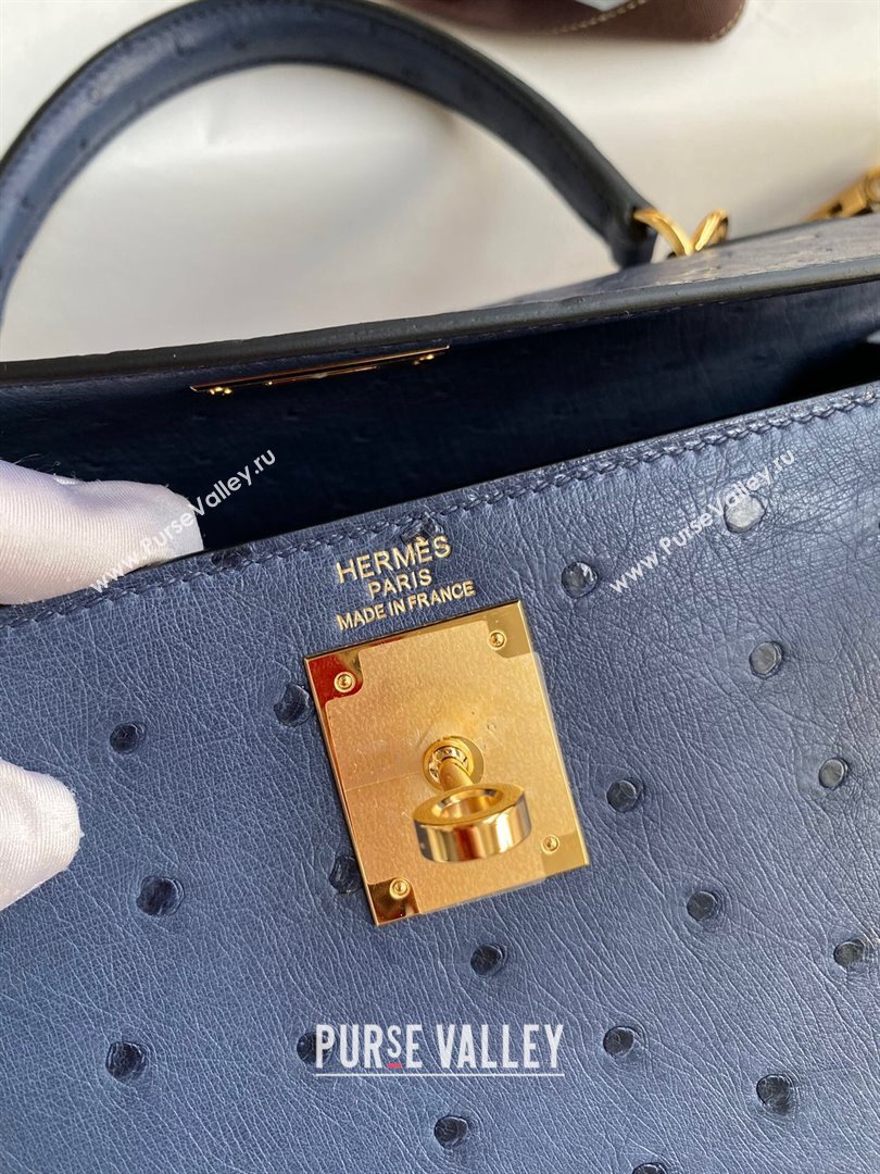 Hermes Kelly 25cm Bag in Ostrich Leather Blue/Gold 2024 (Full Handmade) (XYA-24081920)