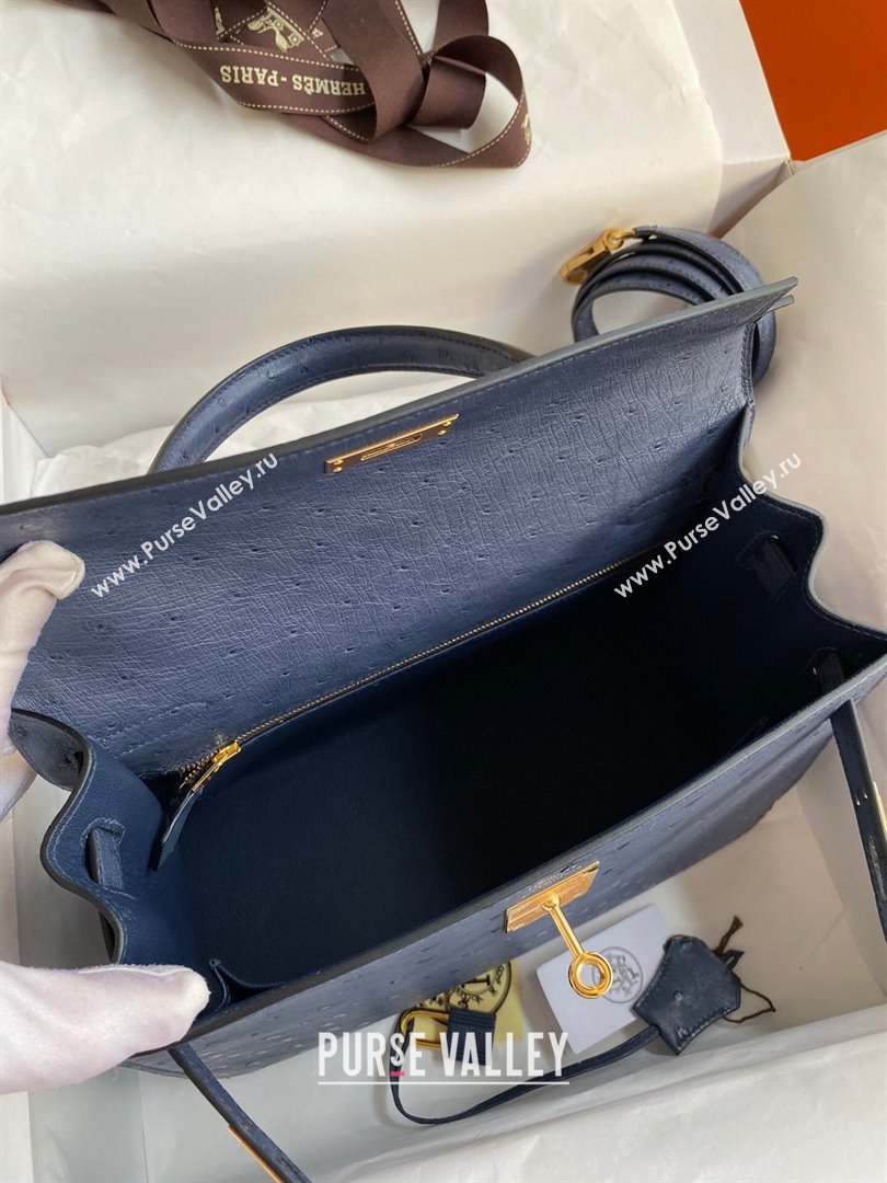 Hermes Kelly 25cm Bag in Ostrich Leather Blue/Gold 2024 (Full Handmade) (XYA-24081920)