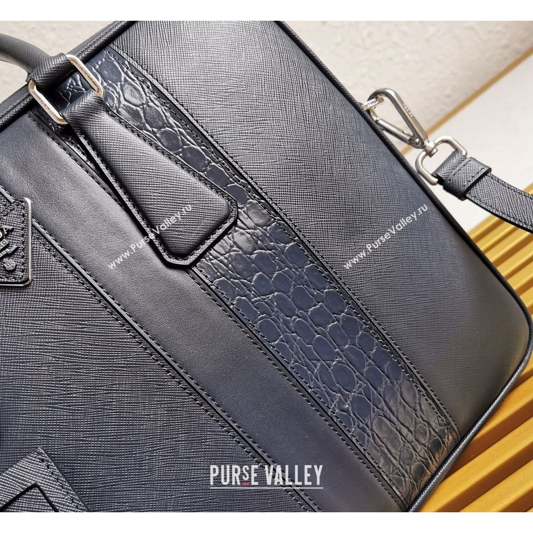 Prada Mens Saffiano and Crocodile Calfskin Business Briefcase Bag 2VE368 Blue 2021 (YZ-21090927)