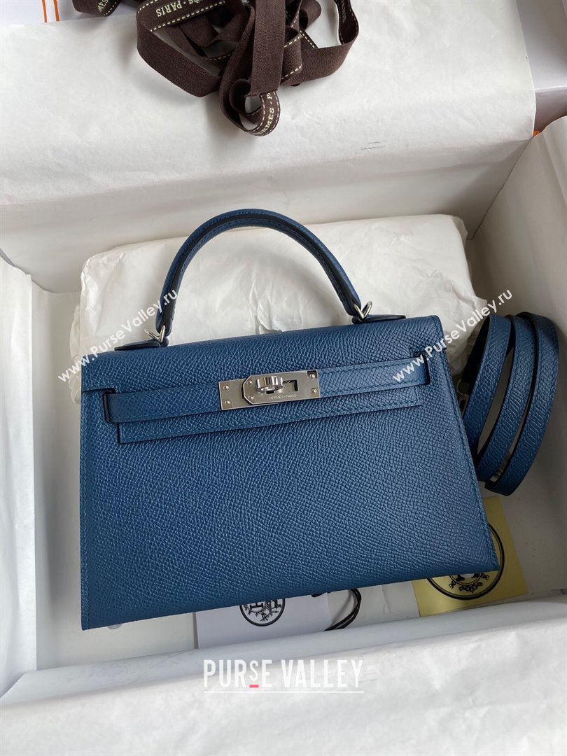 Hermes Mini Kelly II Bag 19cm in Original Epsom Leather Dark Blue/Silver 2024 (Full Handmade) (XYA-24030518)