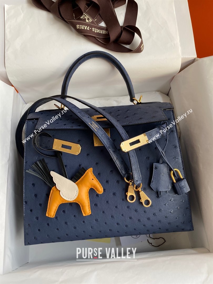 Hermes Kelly 25cm Bag in Ostrich Leather Blue/Gold 2024 (Full Handmade) (XYA-24081920)