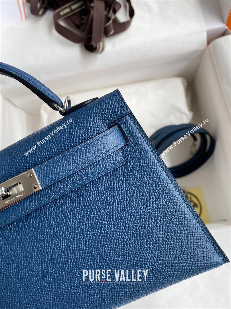 Hermes Mini Kelly II Bag 19cm in Original Epsom Leather Dark Blue/Silver 2024 (Full Handmade) (XYA-24030518)