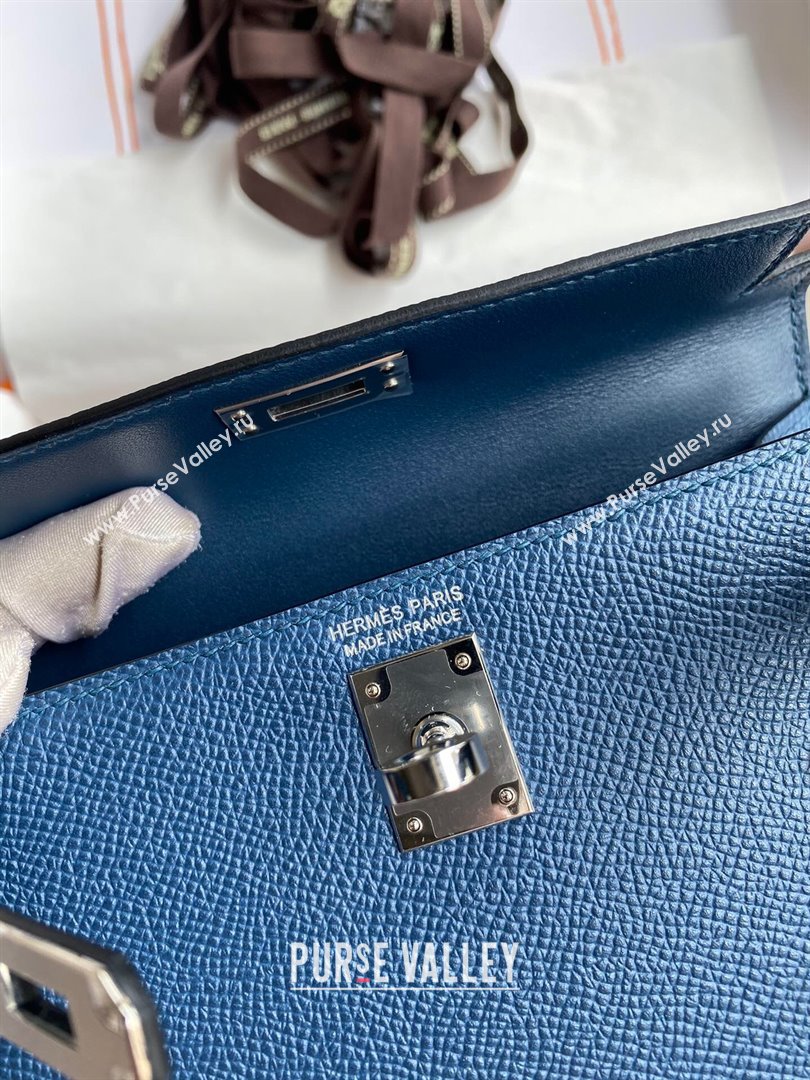 Hermes Mini Kelly II Bag 19cm in Original Epsom Leather Dark Blue/Silver 2024 (Full Handmade) (XYA-24030518)