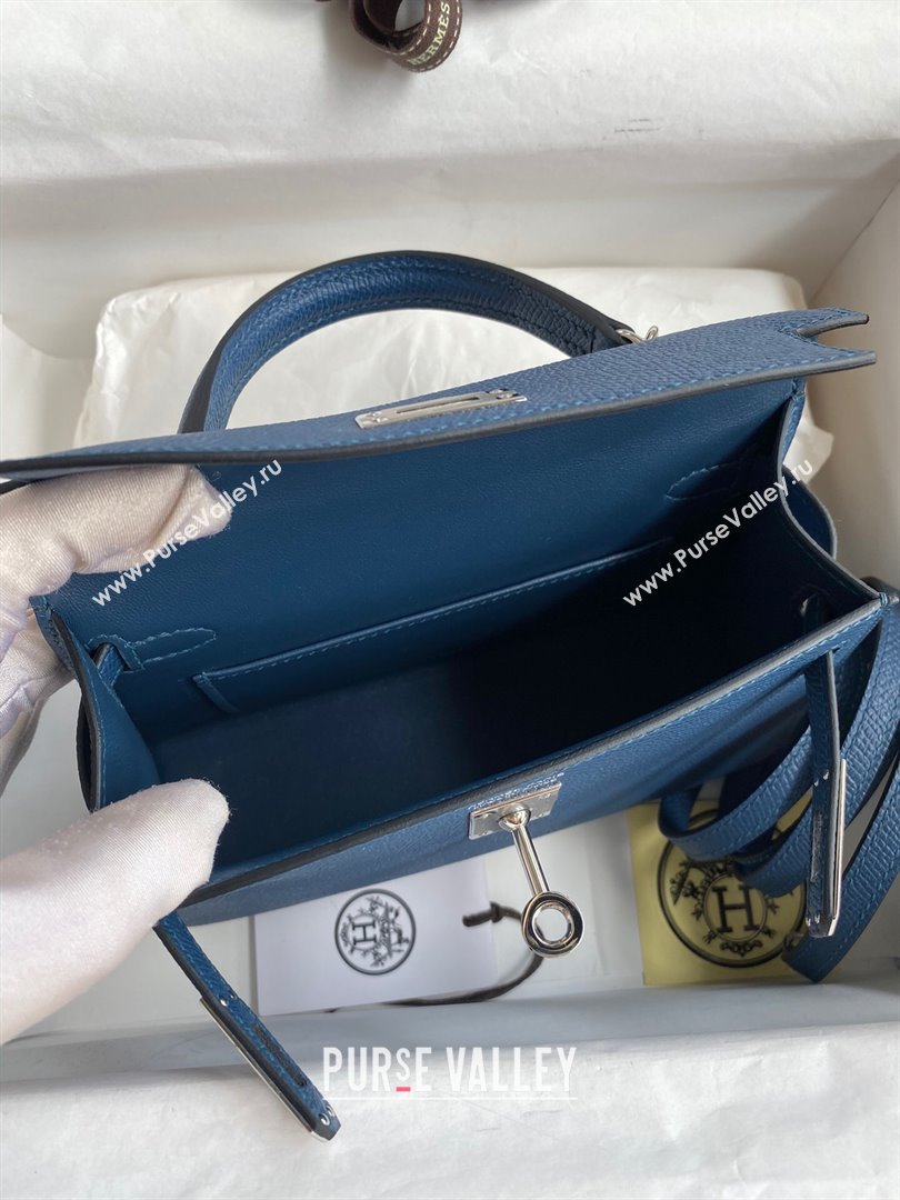 Hermes Mini Kelly II Bag 19cm in Original Epsom Leather Dark Blue/Silver 2024 (Full Handmade) (XYA-24030518)