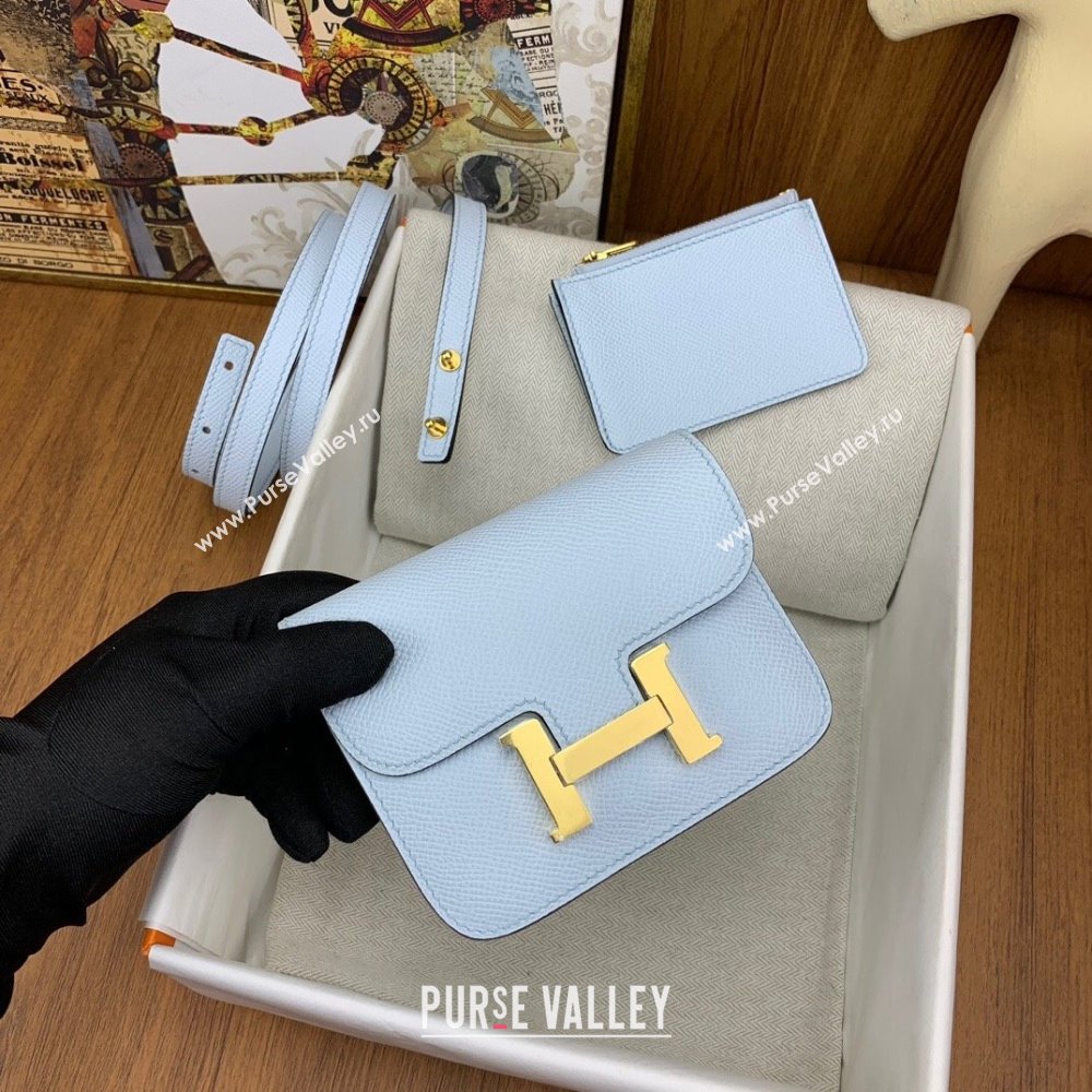 Hermes Constance Slim Wallet with Leather Strap in Epsom Leather Haze Blue/Gold 2024(Handmade) (XYA-24080113)