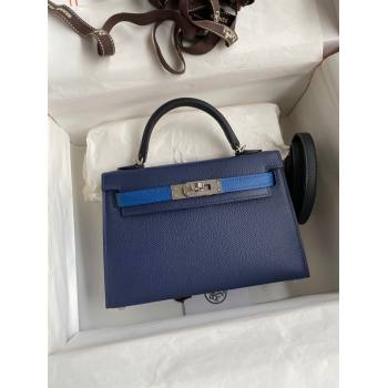 Hermes Mini Kelly II Bag 19cm in Original Epsom Leather Blue/Black/Silver 2024 (Full Handmade) (XYA-24030523)