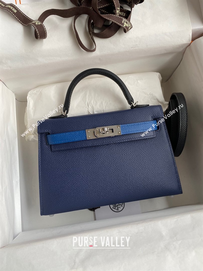 Hermes Mini Kelly II Bag 19cm in Original Epsom Leather Blue/Black/Silver 2024 (Full Handmade) (XYA-24030523)