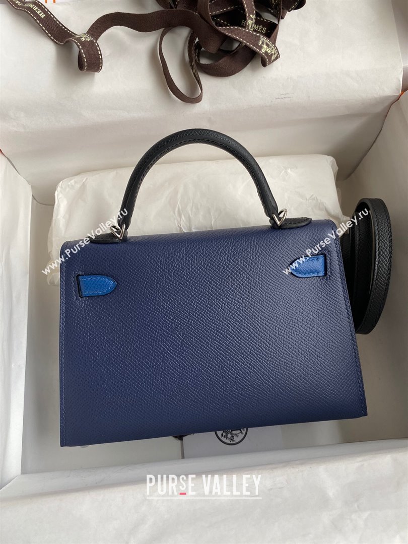 Hermes Mini Kelly II Bag 19cm in Original Epsom Leather Blue/Black/Silver 2024 (Full Handmade) (XYA-24030523)