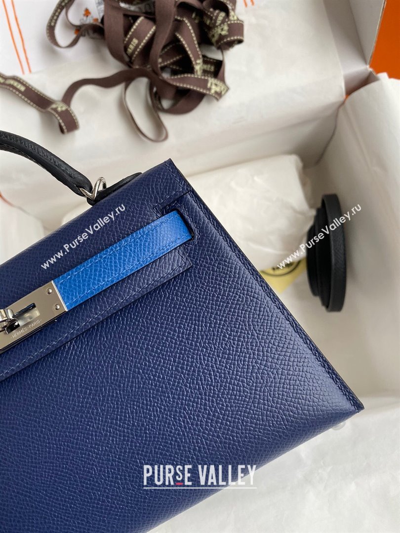 Hermes Mini Kelly II Bag 19cm in Original Epsom Leather Blue/Black/Silver 2024 (Full Handmade) (XYA-24030523)