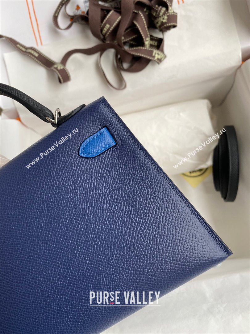 Hermes Mini Kelly II Bag 19cm in Original Epsom Leather Blue/Black/Silver 2024 (Full Handmade) (XYA-24030523)