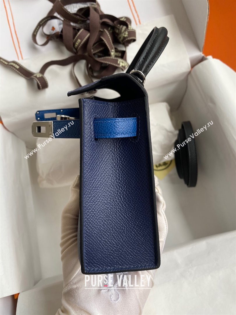 Hermes Mini Kelly II Bag 19cm in Original Epsom Leather Blue/Black/Silver 2024 (Full Handmade) (XYA-24030523)