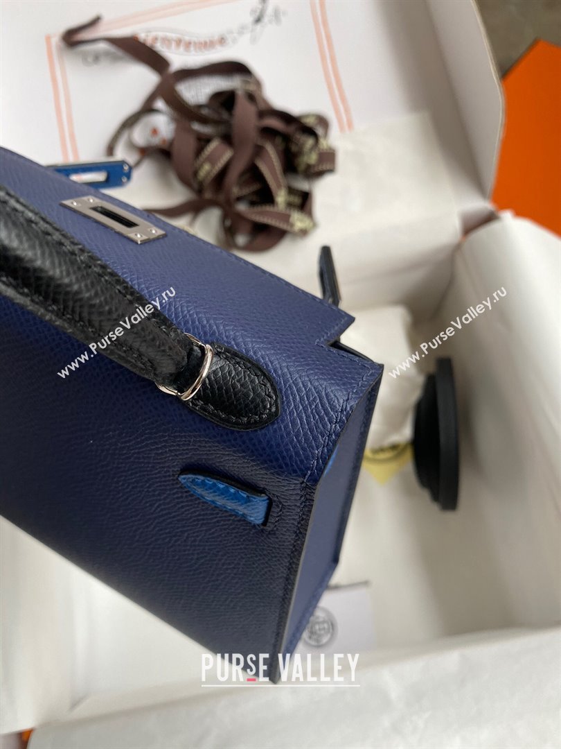 Hermes Mini Kelly II Bag 19cm in Original Epsom Leather Blue/Black/Silver 2024 (Full Handmade) (XYA-24030523)