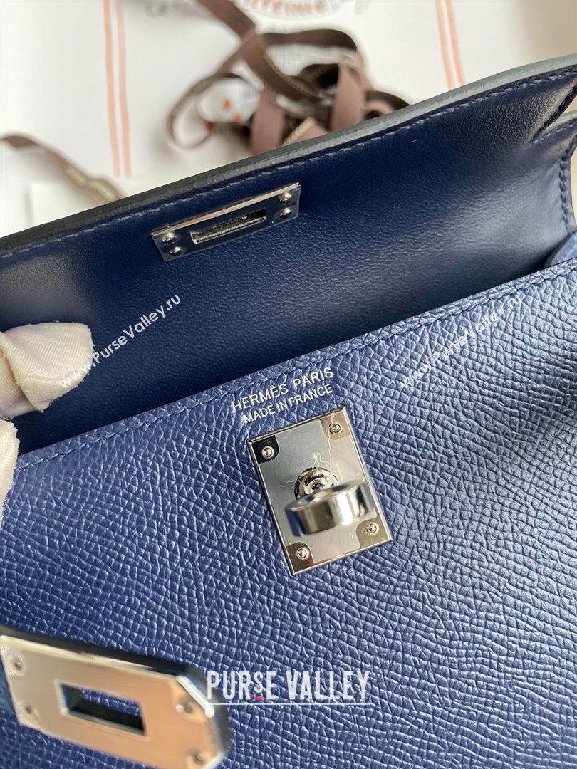 Hermes Mini Kelly II Bag 19cm in Original Epsom Leather Blue/Black/Silver 2024 (Full Handmade) (XYA-24030523)
